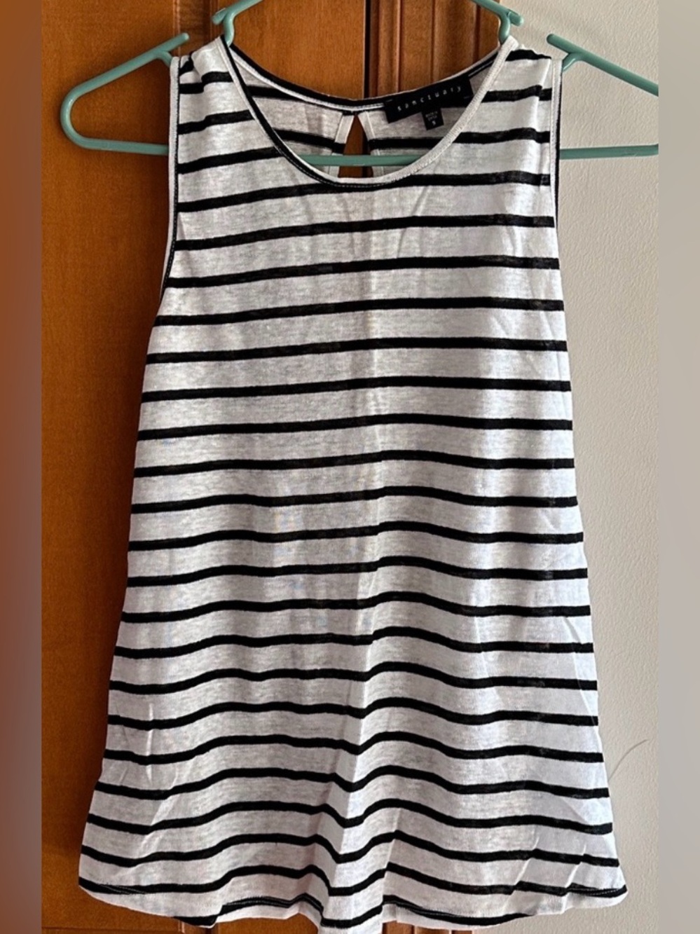 Sanctuary 100% Linen Black White Striped Tie Back Keyhole Tank Top Shirt Size S